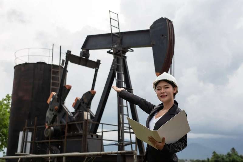 Female engineer standing beside working oil pumps with a sky bac