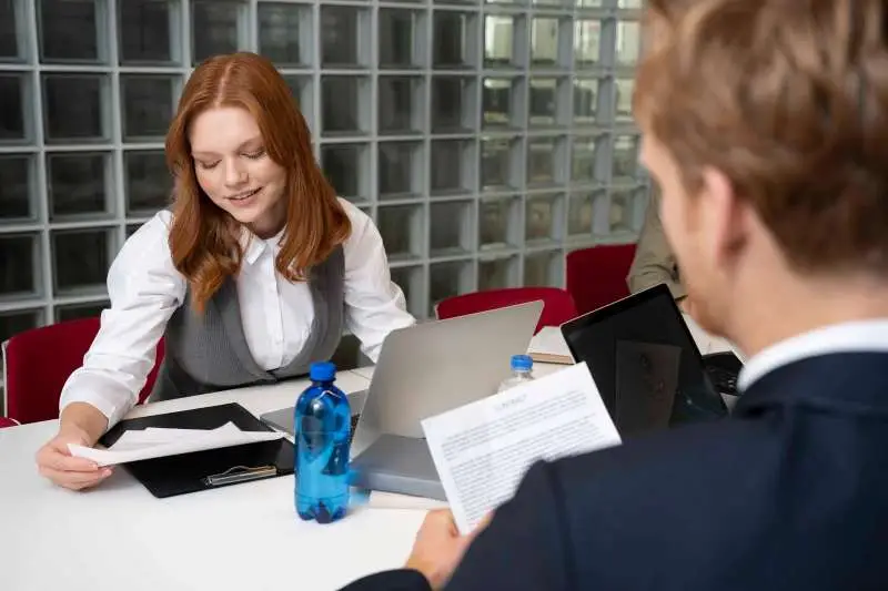 woman and a man sitting at a table in a business setting