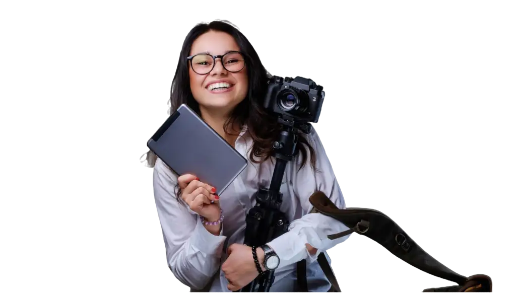 female with a camera and tablet smiling