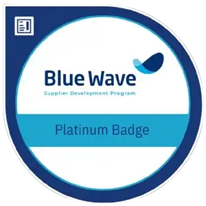 Blue wave logo featuring a platinum badge design