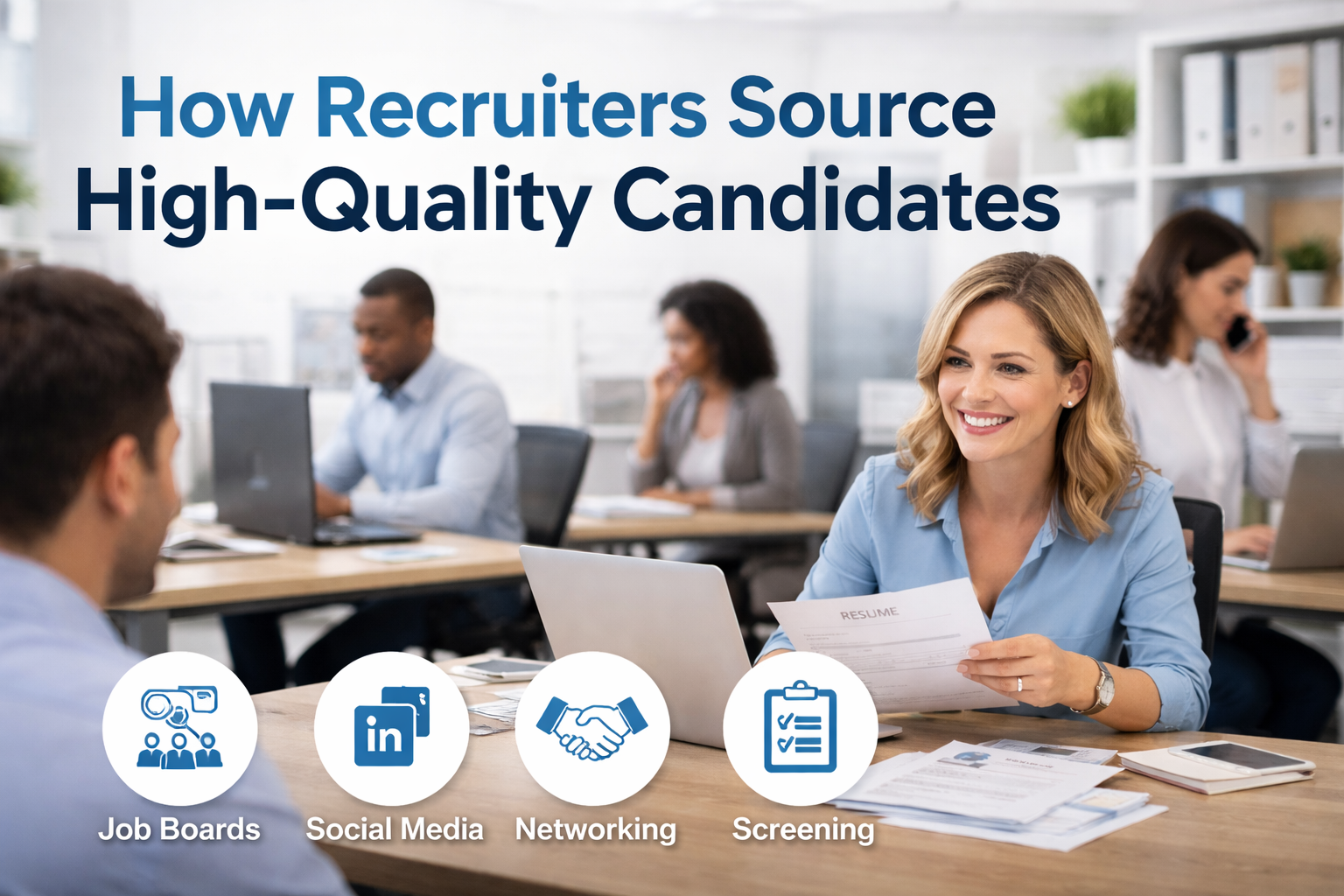 Recruiter reviewing resume while sourcing candidates in office