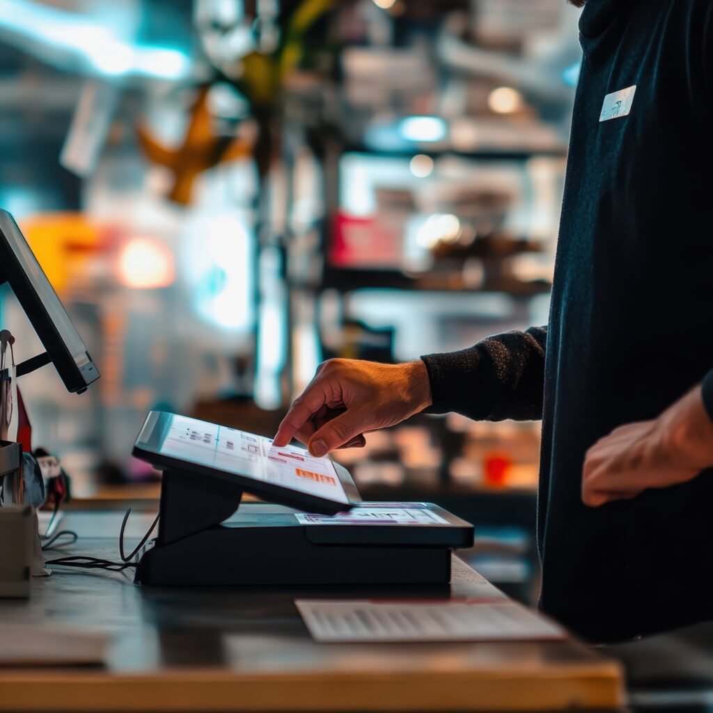 Retail worker tapping a touchscreen POS system.