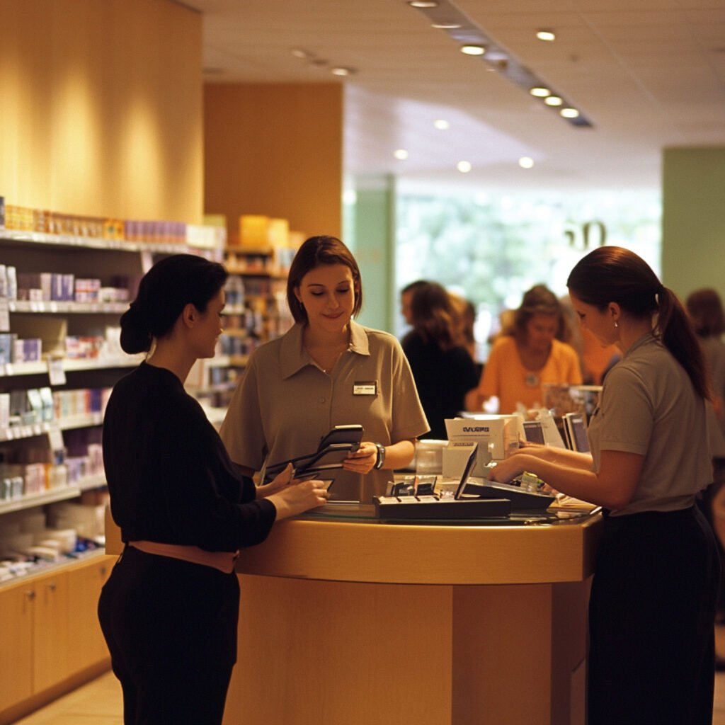 Staff assisting customers at a retail store.