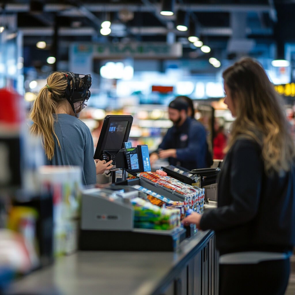 Cashier processing a customer's groceries at a busy supermarket checkout lane.