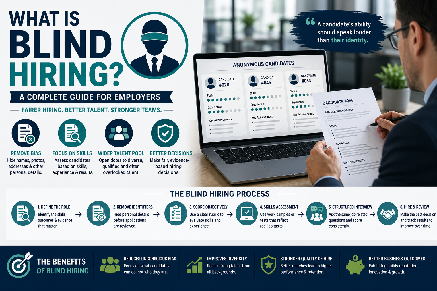 What is blind hiring? A complete guide for employers showing anonymous resume screening, reduced bias, skills-based evaluation, and fair hiring