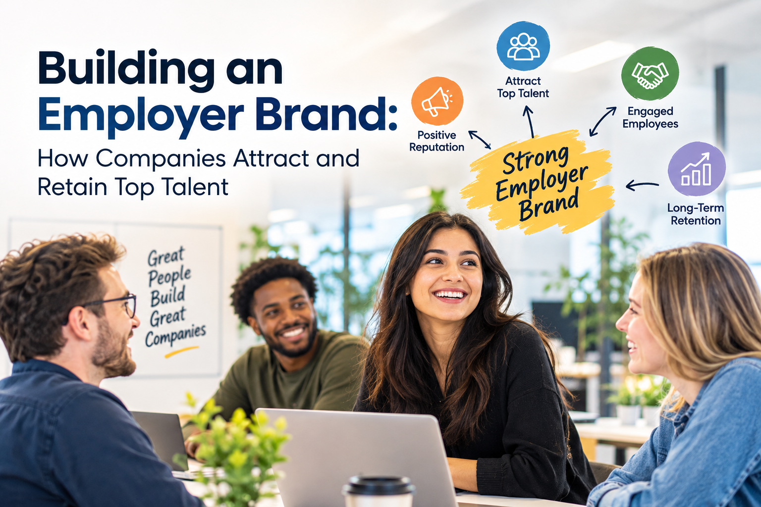 Diverse employees collaborating in a workplace that promotes employer branding, talent attraction, and employee retention