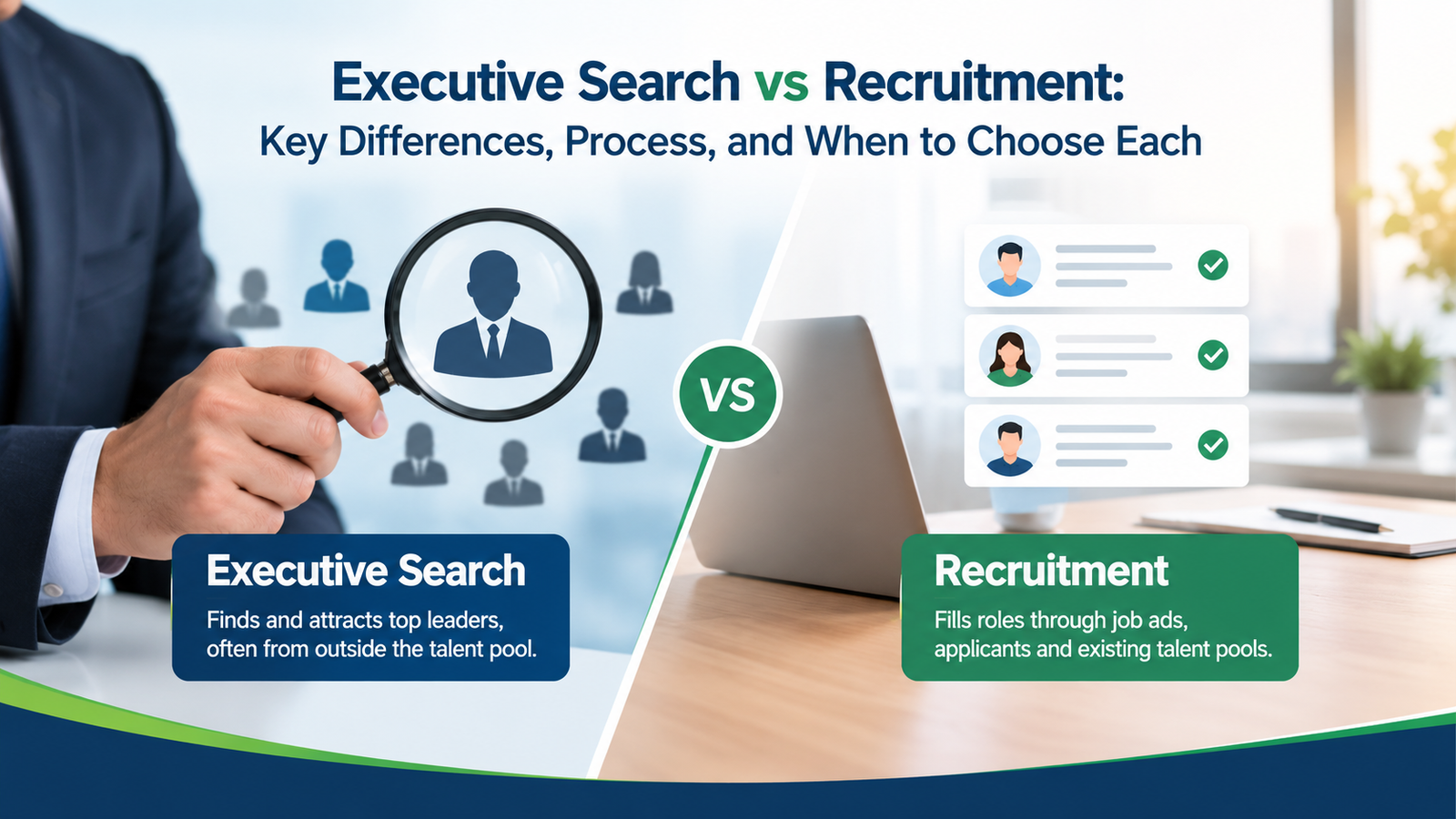 Executive search vs recruitment comparison for leadership hiring