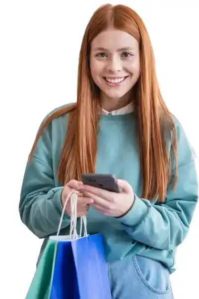 beautiful woman holding phone and paper bags.